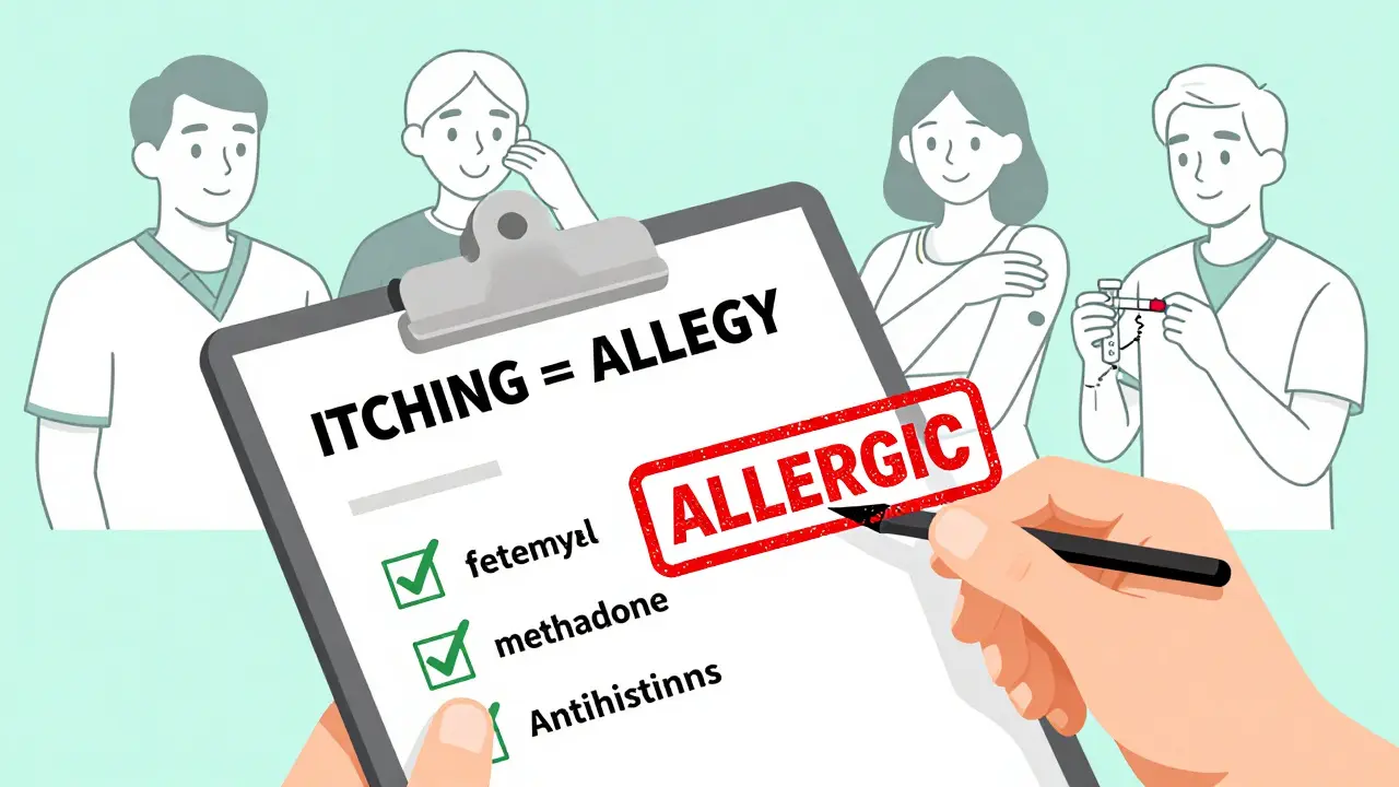 Medical chart with 'ALLERGIC' stamp being erased and replaced by safe opioid options and checkmarks for proper management.