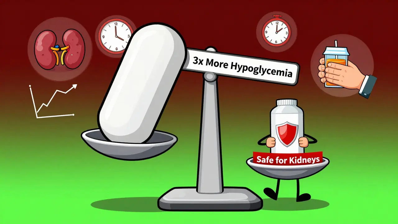 Medical scale tipping between risky glyburide and safe glipizide, with kidney and meal icons floating around.