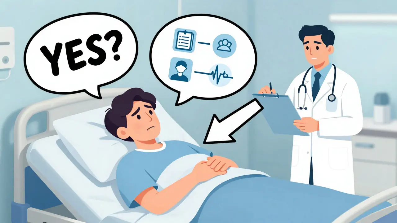 Patient in hospital surrounded by confused thought bubbles mixing sexual and medical consent imagery.