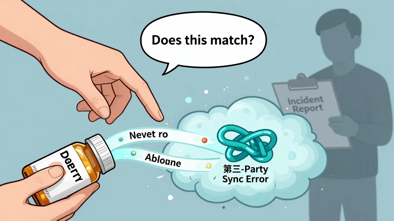 Patient receiving bottle with tangled data streams showing labeling errors, hand pointing to label.