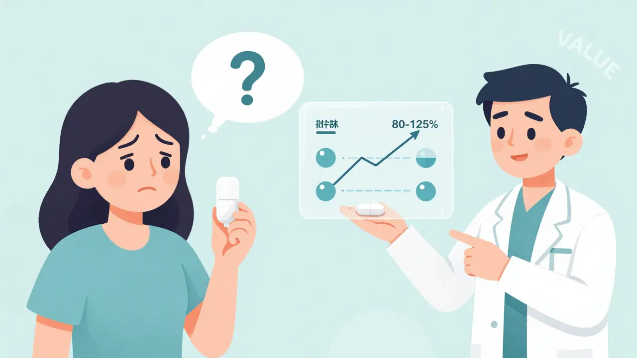 Patient transitions from worry to understanding as pharmacist explains generic medication bioequivalence with visual flowchart.