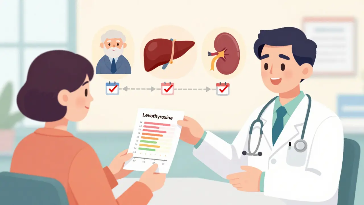 Pharmacist giving a patient a visual guide about monitoring levothyroxine levels after a generic switch.