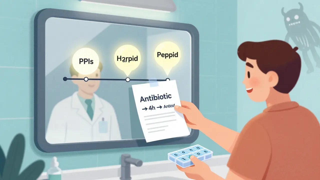 Pharmacist giving a patient a visual timing chart for antibiotics and antacids, with safer alternatives glowing nearby.