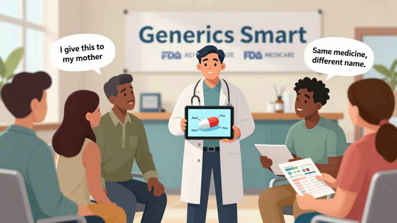 Pharmacist uses a tablet to show 3D pill model to diverse patients, promoting trust in generic medications.