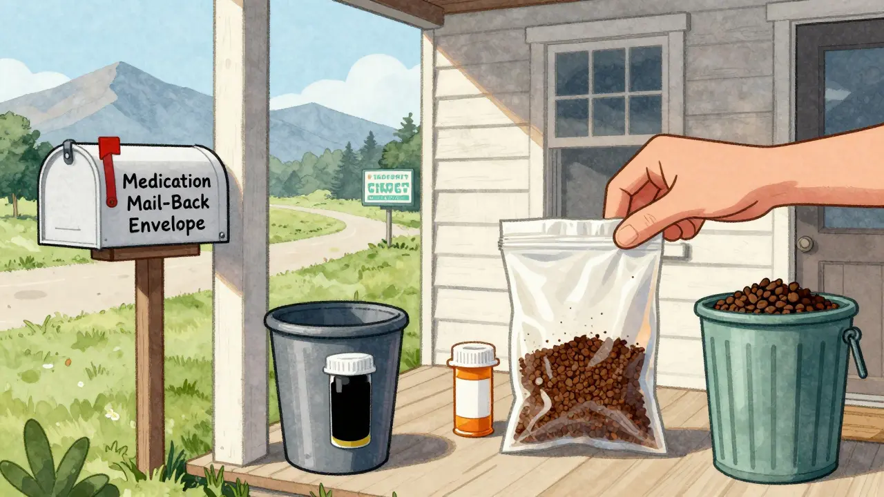 Rural household disposing of medications via mail-back envelope and proper trash method.