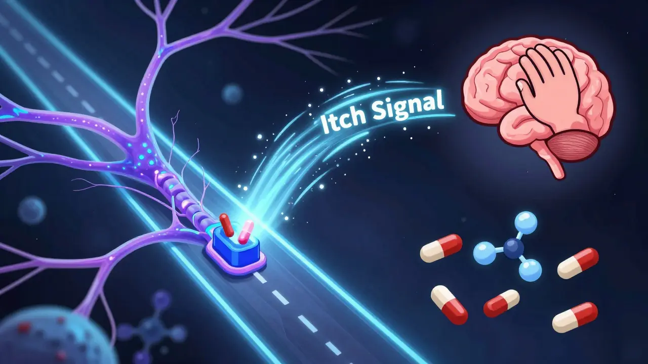 Spinal cord with an itch signal light glowing as opioids activate a receptor, while antihistamines float uselessly below.