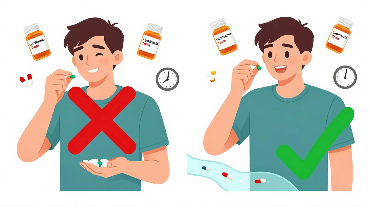 Split daily schedule: wrong timing with red X vs correct timing with green checkmark for antibiotic and antacid.