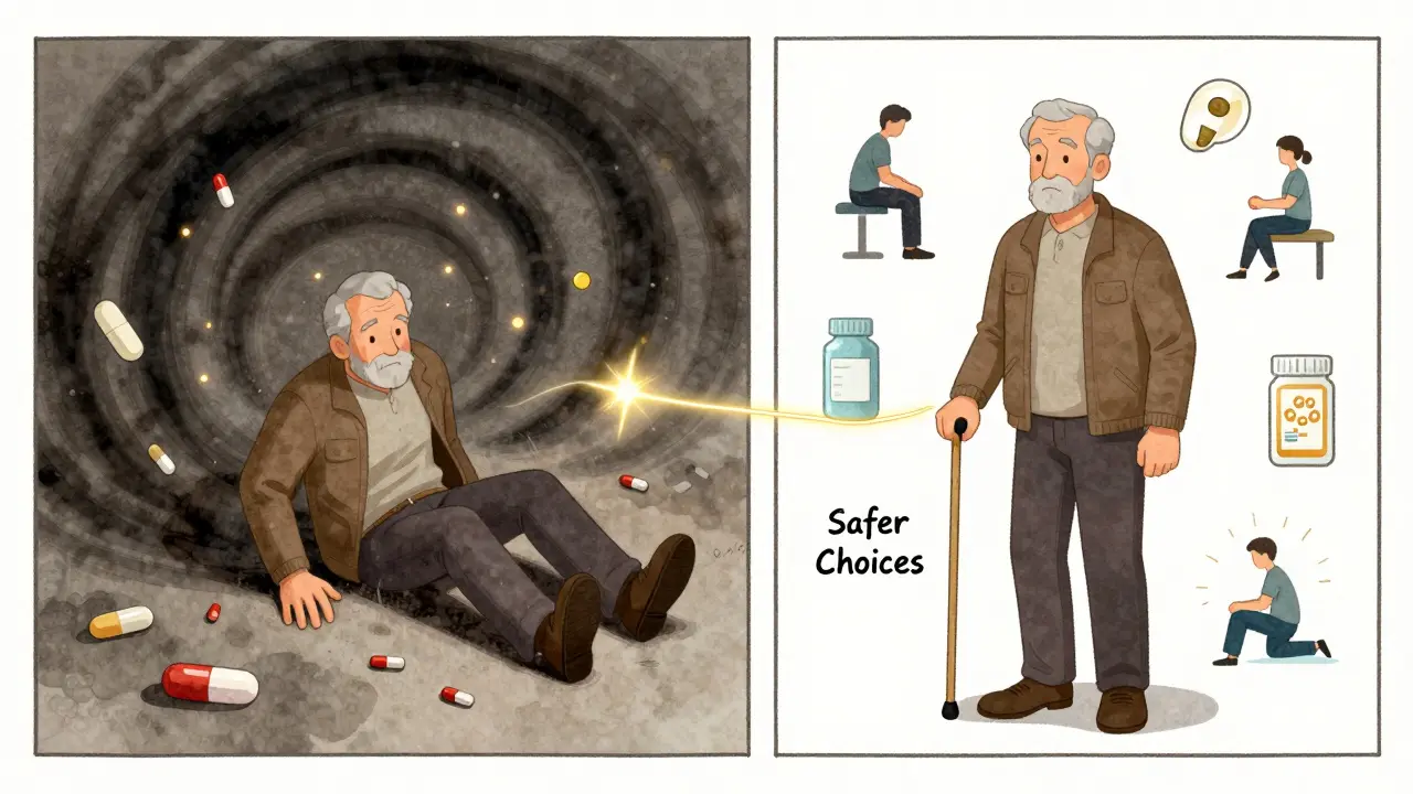 Split image: older man falling with dangerous meds vs. standing safely with alternative therapies.