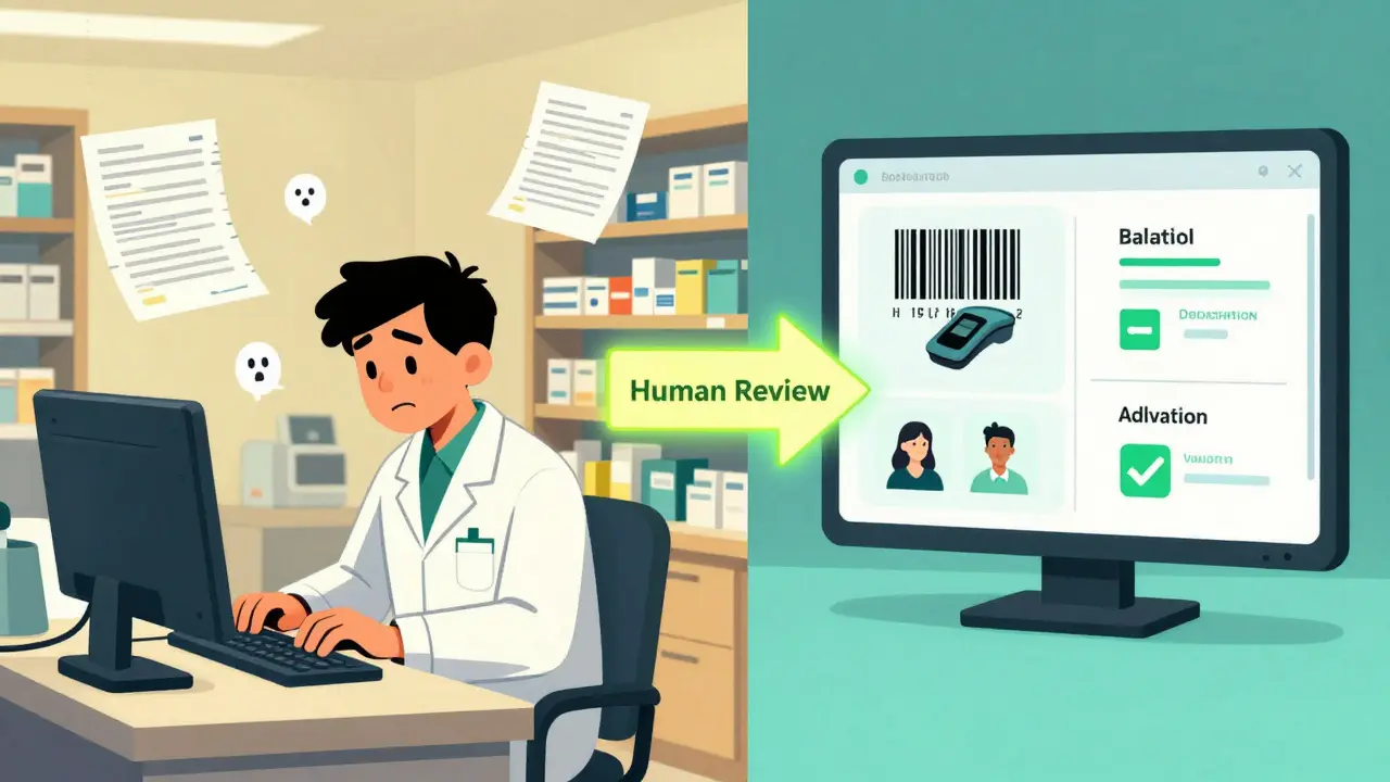 Split scene: chaotic old pharmacy system vs. clean digital validation system with human review bridge.