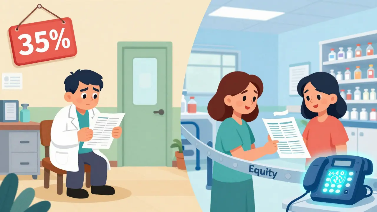 Split scene: rural clinic with low resources vs. well-equipped hospital with pharmacist support.