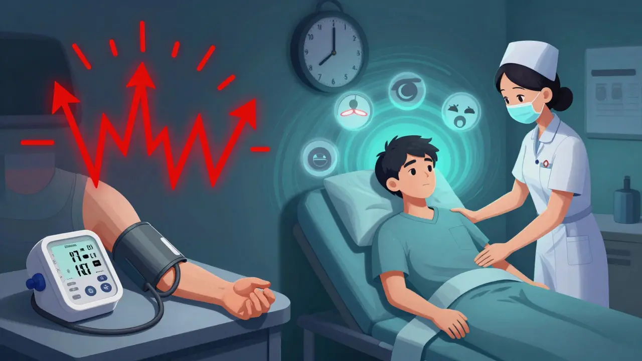 Split scene showing a blood pressure spike alongside a nurse providing calm support during treatment.
