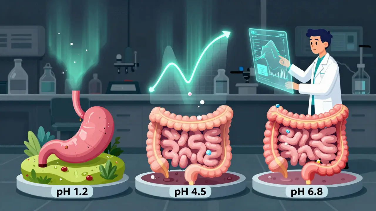 Three colorful environments represent different gut pH levels as pills dissolve at varying rates under holographic graphs.
