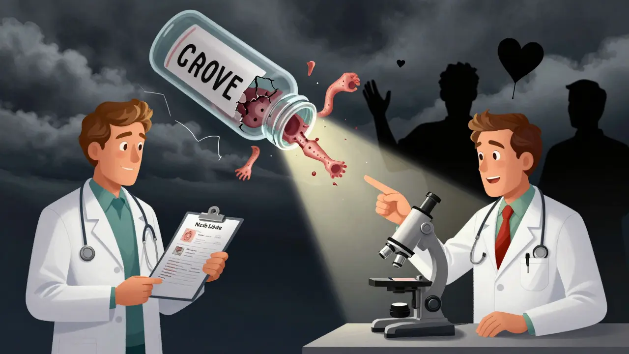 Two doctors in Sydney and Germany uncovering the thalidomide link, illuminated as a cracked bottle spills deformed limbs.