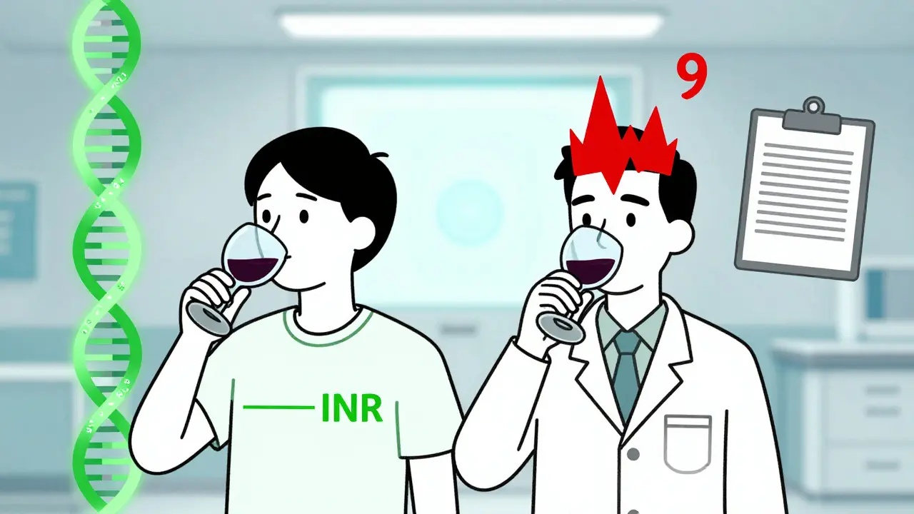 Two people drinking wine—one with stable INR, one with dangerous spike, genetic markers visible.