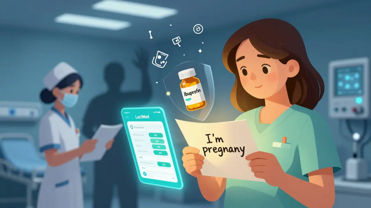 Woman in ER hands note saying 'I'm pregnant' as LactMed app shows safe drug ratings.