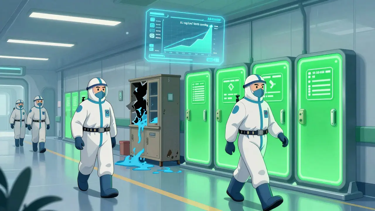 Workers in advanced safety suits handling drugs with glowing CSTD technology, while an old broken cabinet leaks mist, with an AI display showing contamination limits.