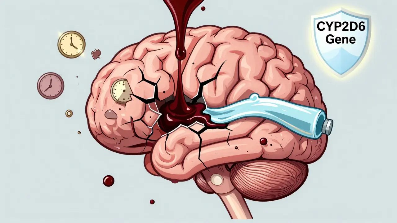 A brain with blocked acetylcholine pathways due to dark antihistamine sludge, while a safer drug flows outside, with a gene shield glowing in the background.