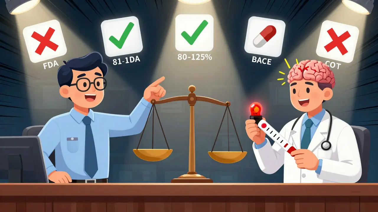 A debate between FDA, neurologist, and cardiologist over generic drug safety with floating medical icons.