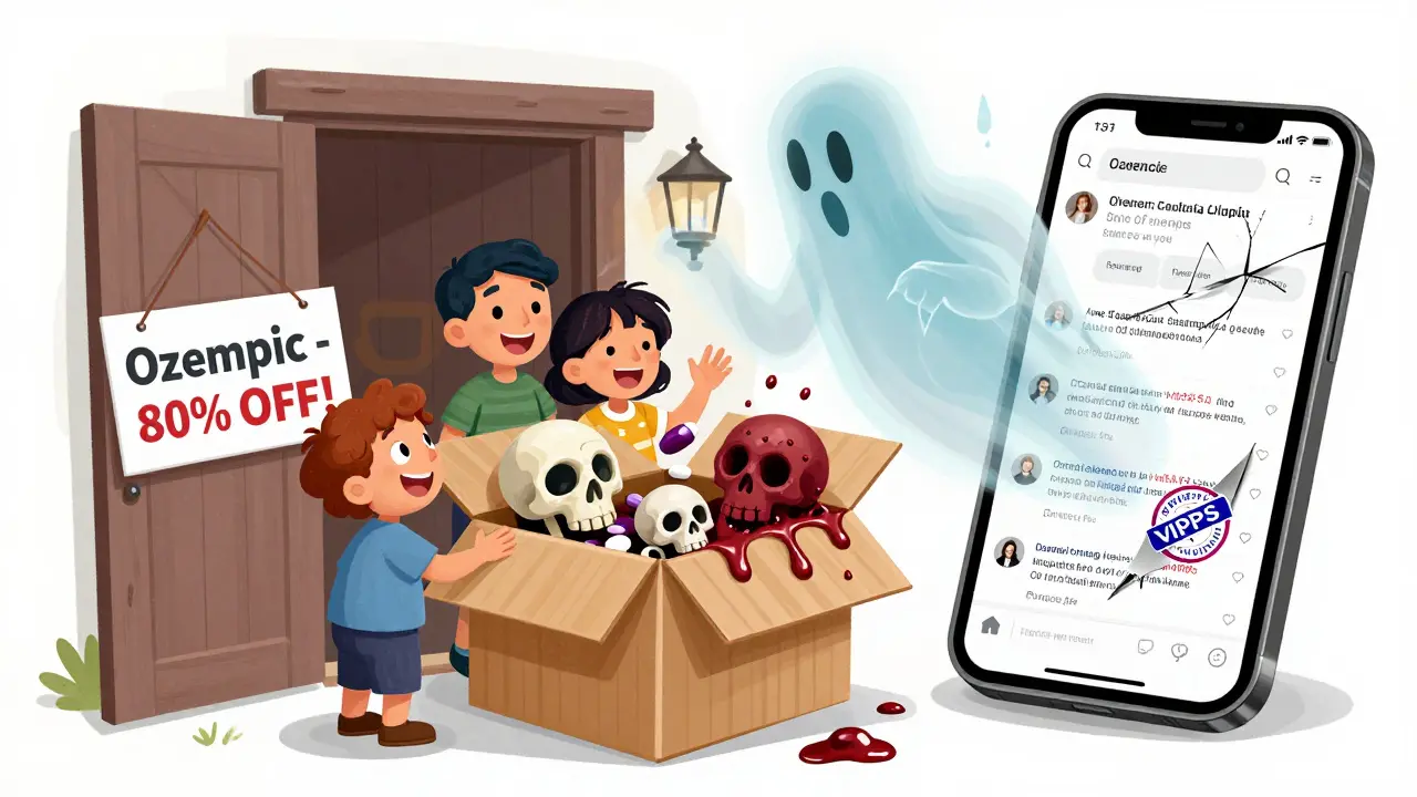 A family opens a package of fake Ozempic pills that morph into skulls and sludge, symbolizing hidden lethal dangers.