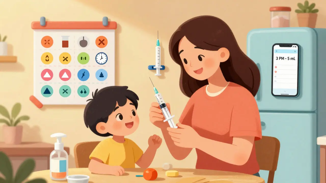 A mother teaching her child to use a syringe with colorful pictograms on the wall and a fridge magnet holding the tool in a warm kitchen.