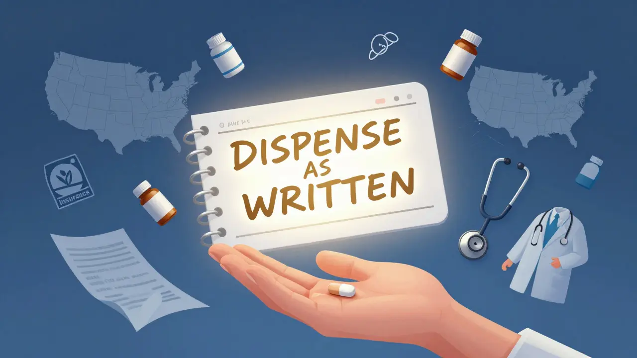 A prescription with 'Dispense as Written' glowing as chaotic legal and pharmaceutical elements surround it.