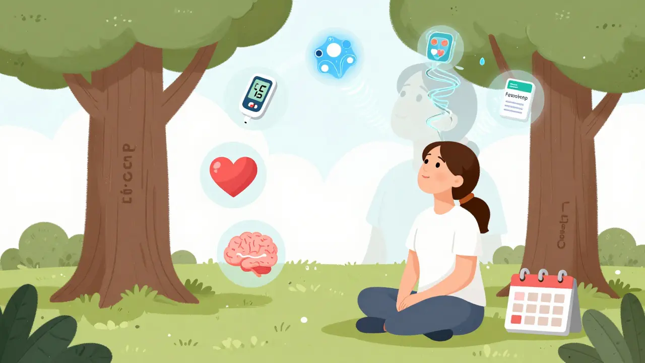 A woman under a tree of lifelong care, surrounded by health icons and digital tools symbolizing modern PCOS management and hope.