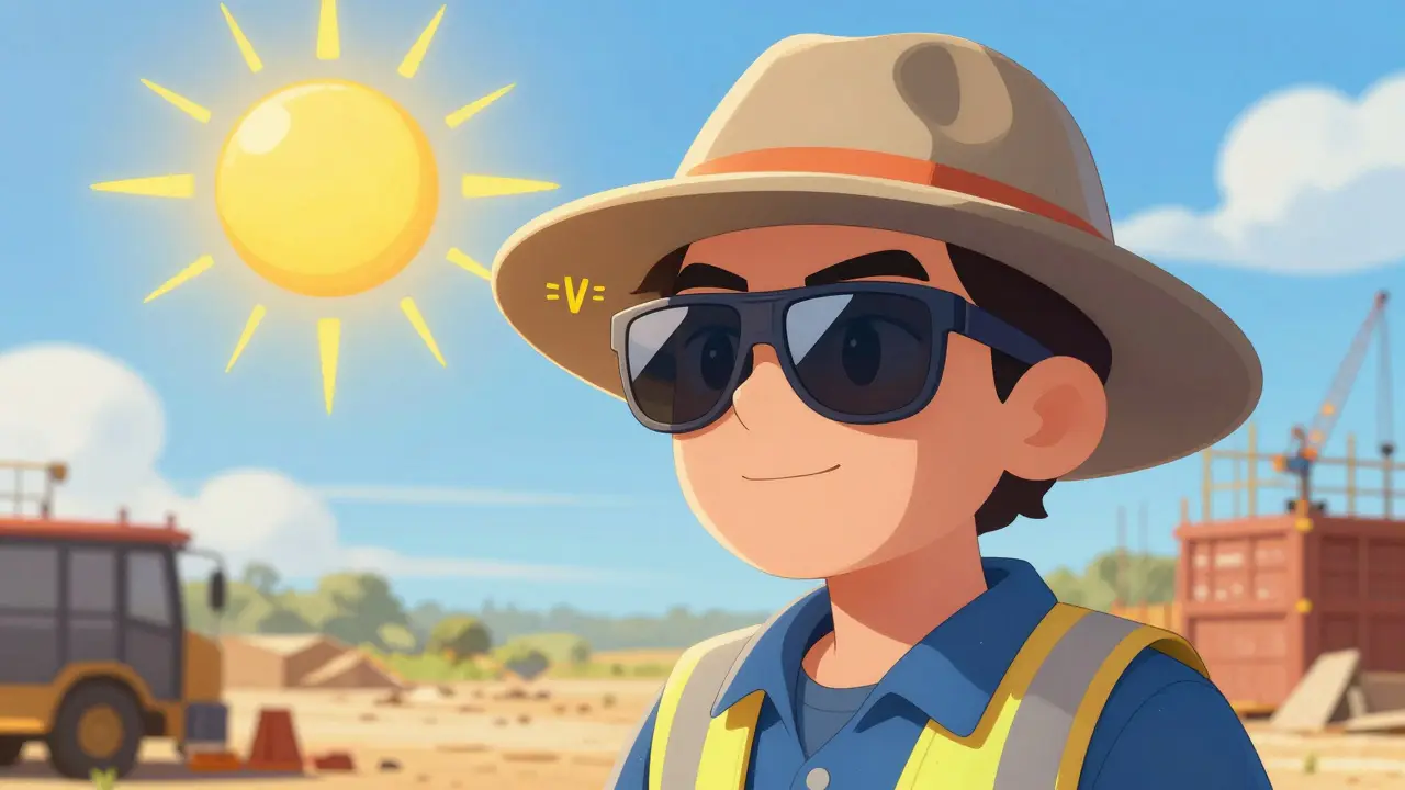 Construction worker with UV-protective sunglasses and wide hat in sunny environment