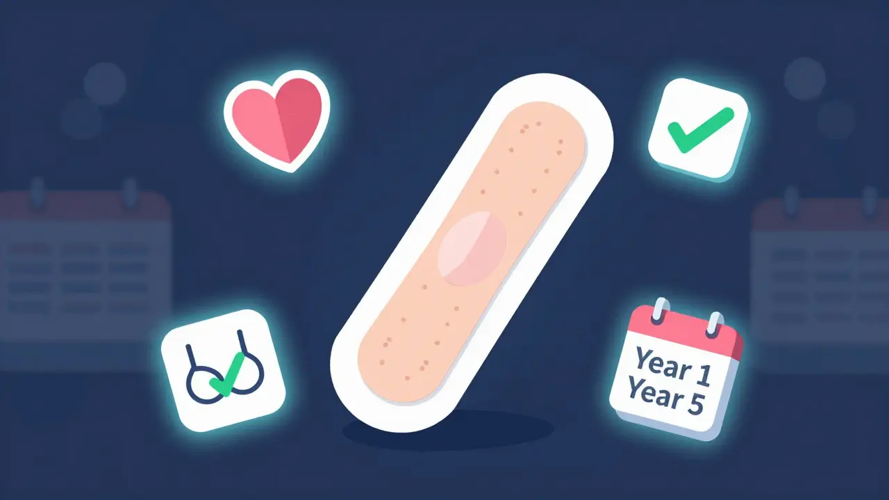 Futuristic combined hormone patch with health icons representing reduced cancer and heart risks.