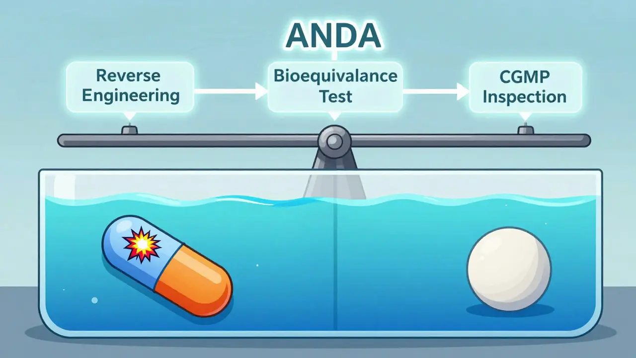 Generic and brand-name pills dissolving identically in fluid, with bioequivalence flowchart behind them.