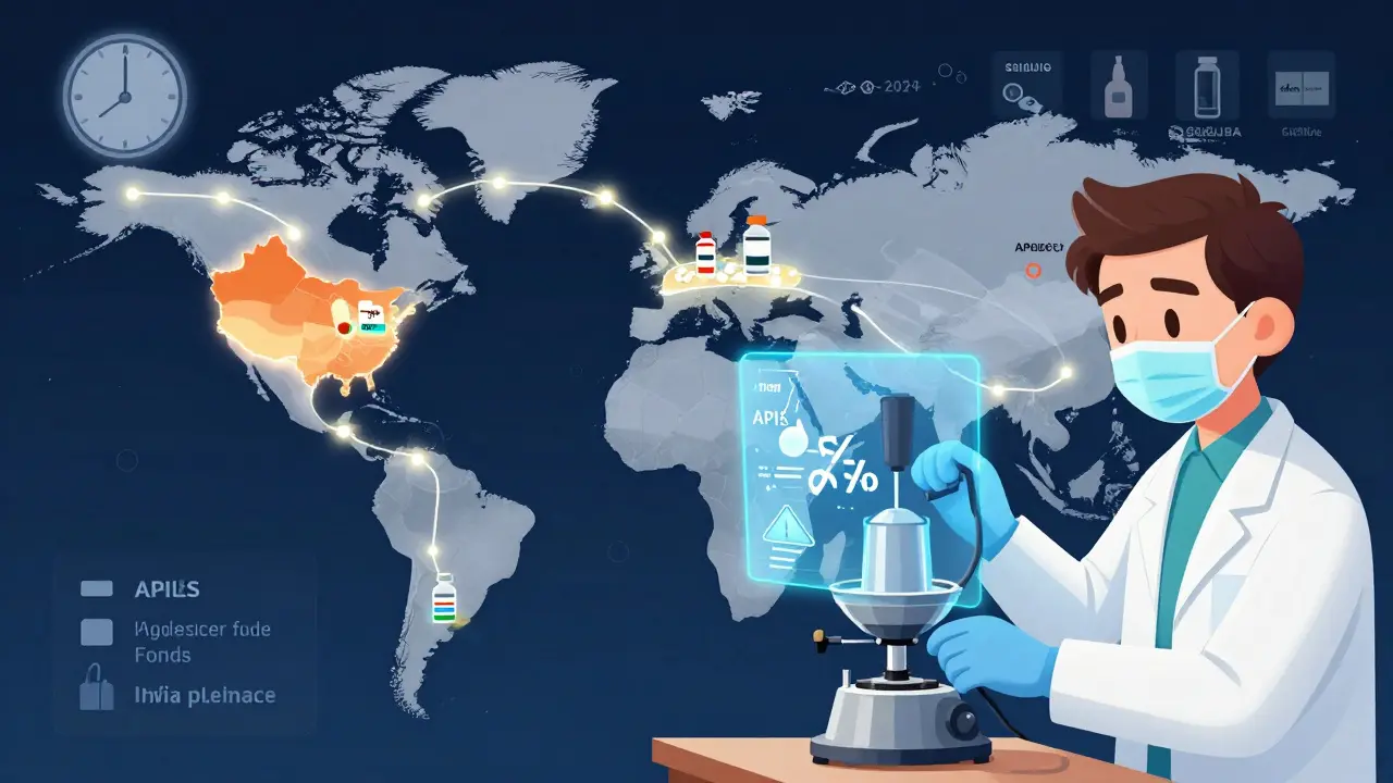 Global supply chain of generic drug ingredients flowing to U.S. pharmacies with scientist monitoring particle size.