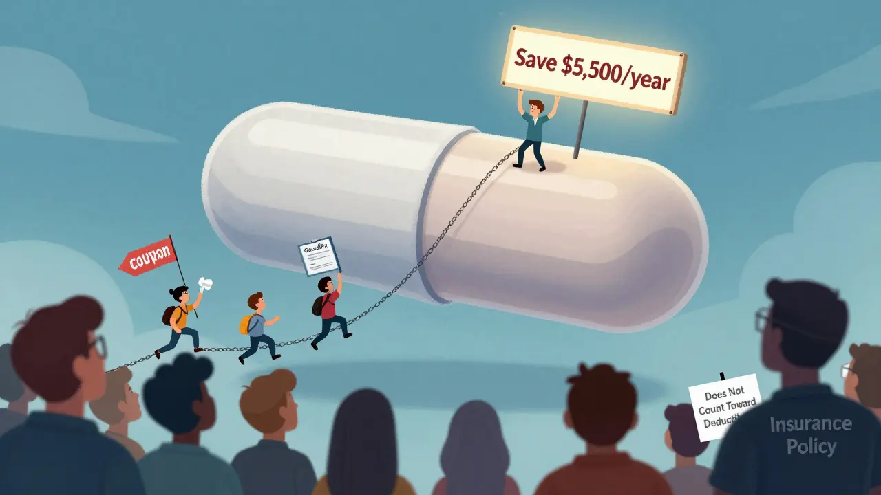 People climbing a giant pill labeled with savings, using different discount tools, while an insurance policy figure watches below.