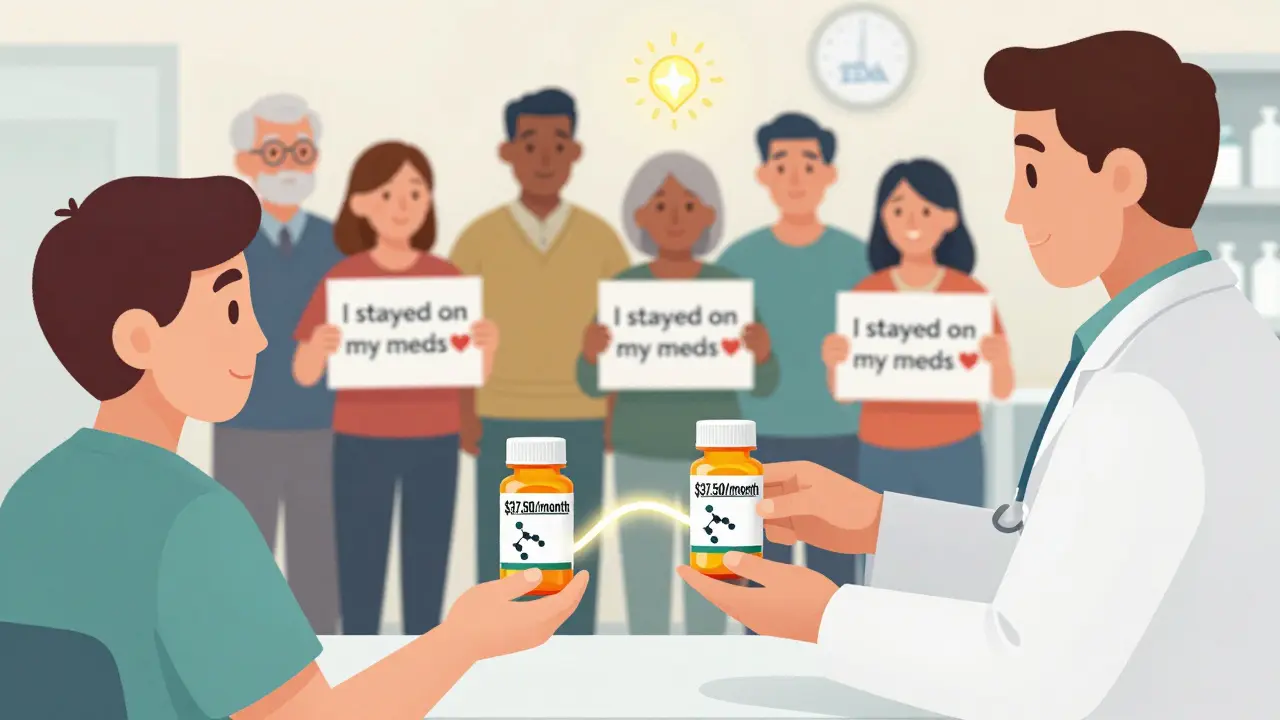 Pharmacist replaces an expensive brand-name prescription with a much cheaper generic, while molecular structures and patient success signs glow in the background.