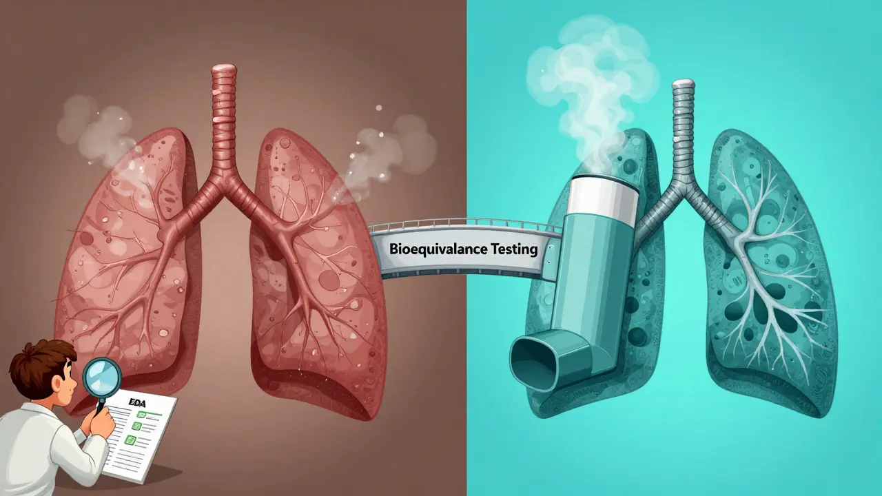 Split image: uneven vs. matched inhaler mist reaching lungs, connected by bioequivalence bridge with FDA inspectors.