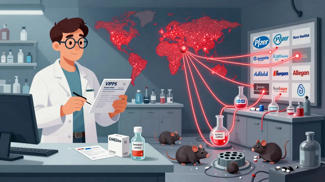 Split scene: a safe, licensed pharmacy on one side, a chaotic counterfeit lab with fake drug logos on the other.