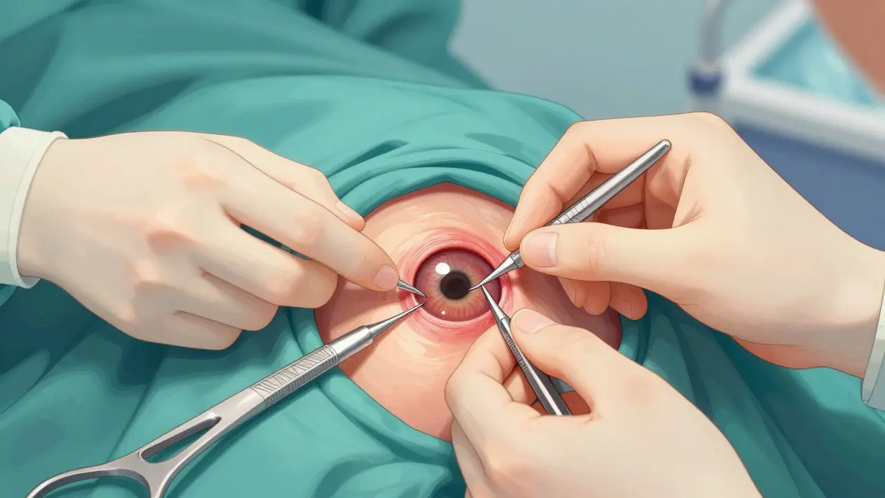 Surgeon performing pterygium surgery with amniotic membrane transplant