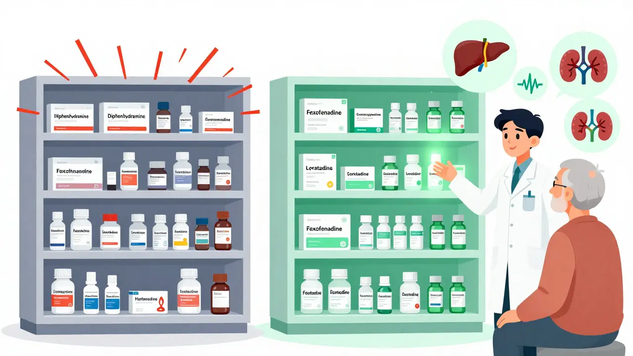Two medicine shelves: one cluttered with dangerous sedating antihistamines in red, the other clean and glowing with safer alternatives, guided by a pharmacist.