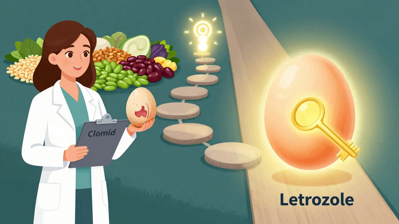 Two treatment paths side by side: Clomid with a struggling egg versus Letrozole unlocking a healthy egg, supported by healthy food choices.