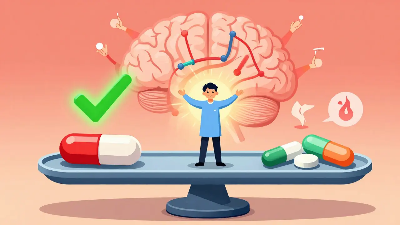 A balanced scale showing SSRI versus adjunct medications, with brain pathways being redirected and symbols of restored sexual function surrounding the patient.