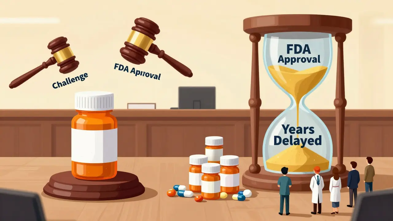 A courtroom scale with one generic drug bottle outweighing many patient pill bottles, under an hourglass labeled 'Years Delayed'.