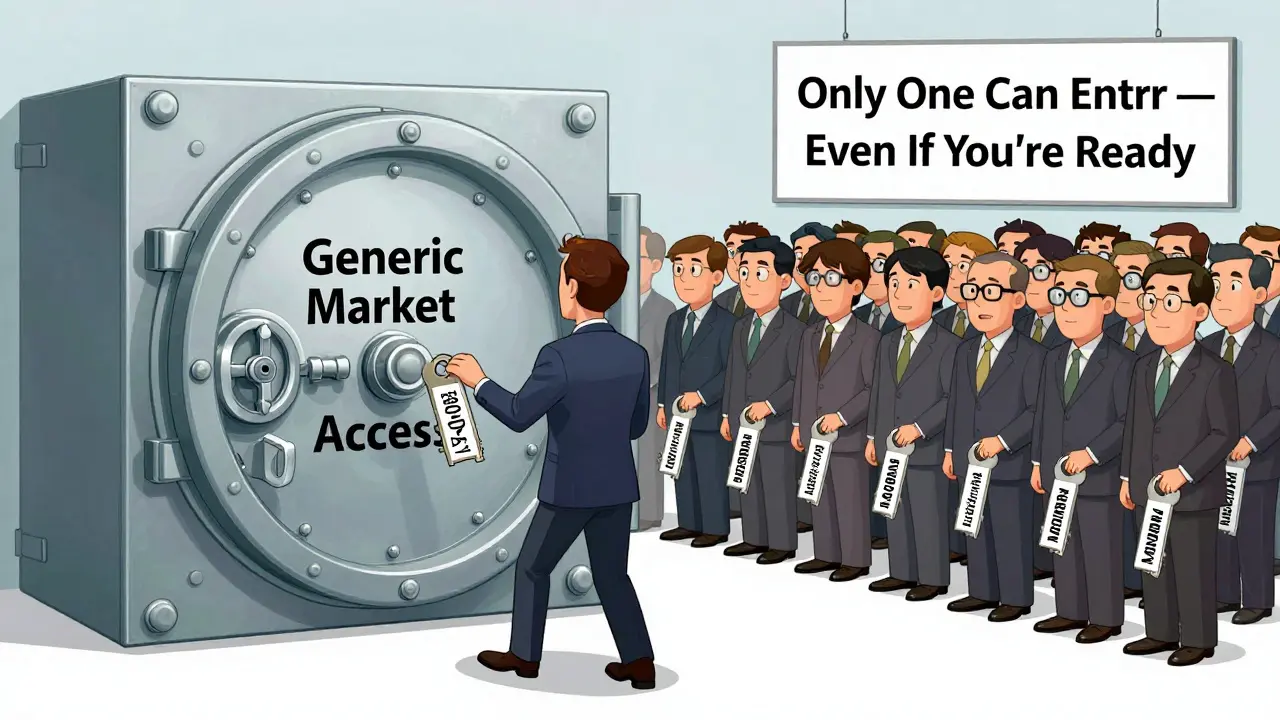 A locked vault labeled 'Generic Market Access' with one company holding the key, while others stand outside with identical applications.