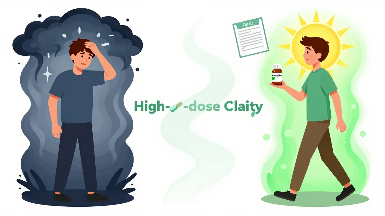 A patient’s journey from dark pain clouds to calm sunlight, holding non-opioid medications, with a questionnaire floating beside them.