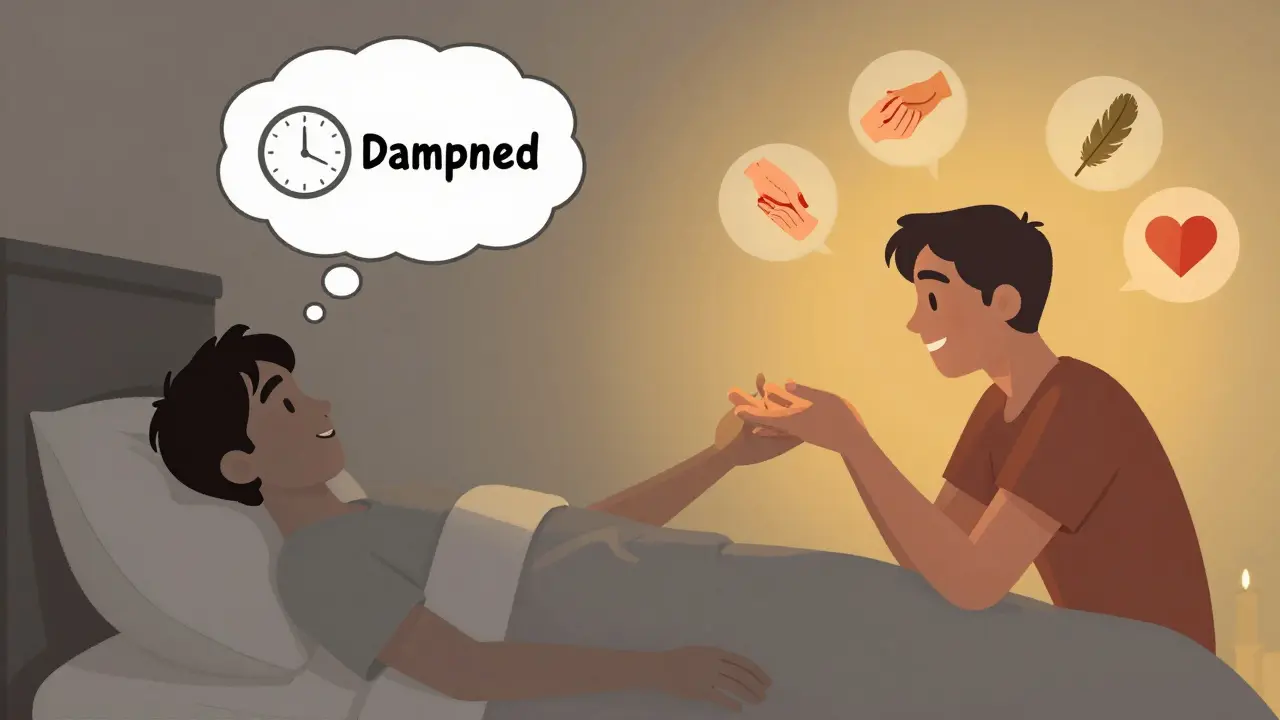 A person experiencing emotional dampening on one side, and reconnecting with a partner through gentle touch and intimacy on the other.