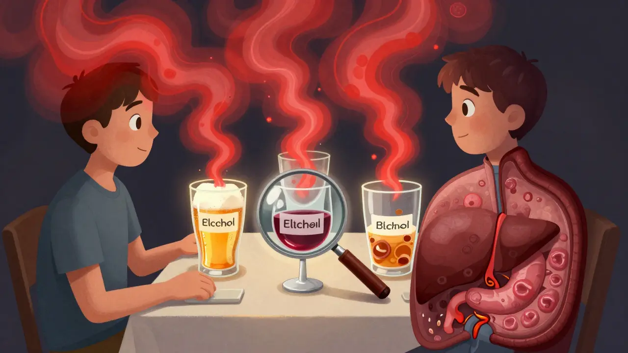 A person with glowing ethanol auras from three drink types merging into one dangerous cloud above their head.