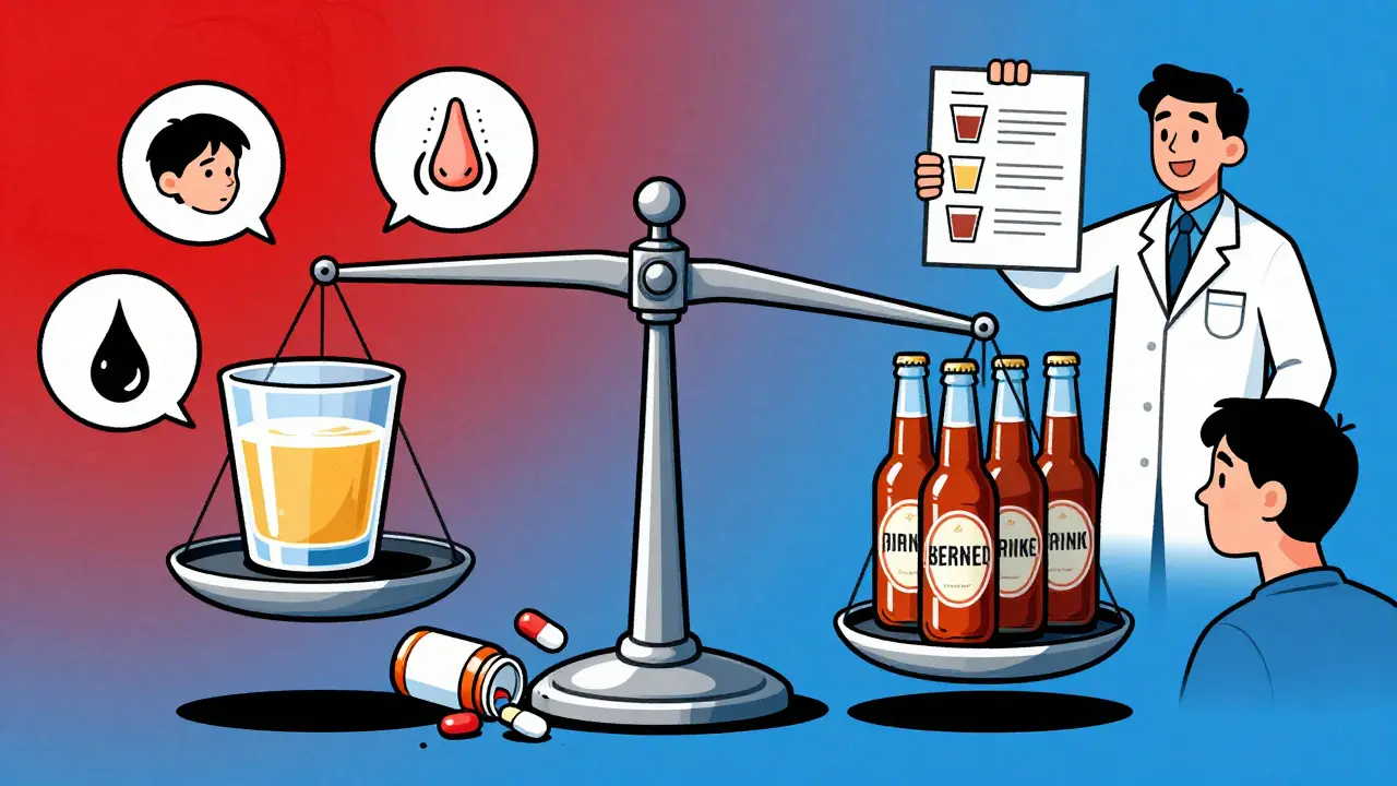 A scale tipping under four beer bottles crushing a pill bottle, with health risk icons floating nearby.