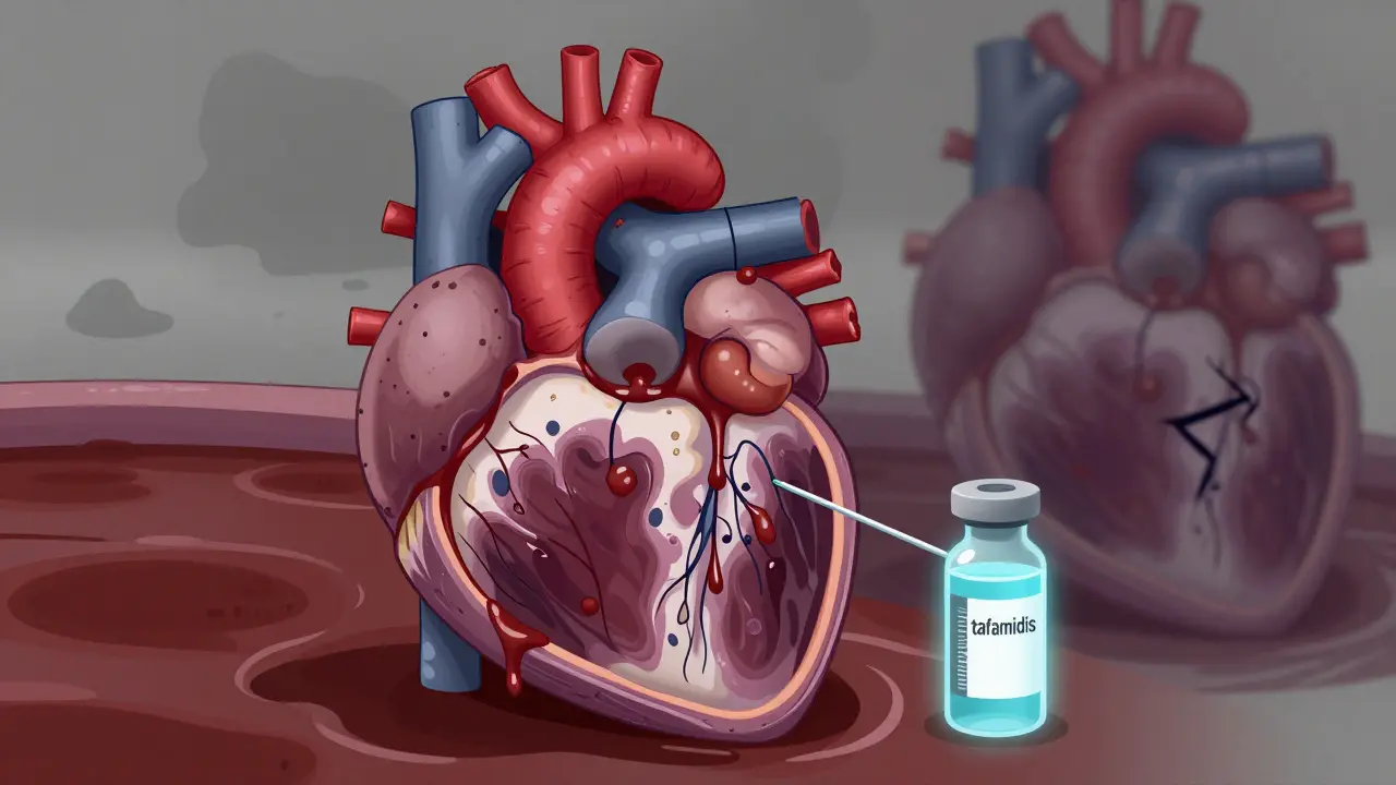 A stiff heart filled with protein sludge, blood backing up, and a glowing treatment vial, illustrating restrictive cardiomyopathy.