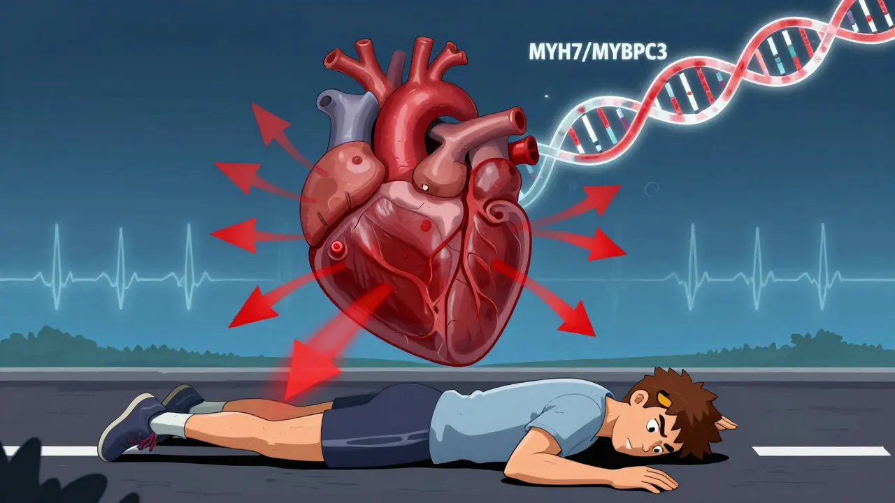 A thickened heart septum blocking blood flow, with a collapsing athlete and genetic mutations above, representing hypertrophic cardiomyopathy.