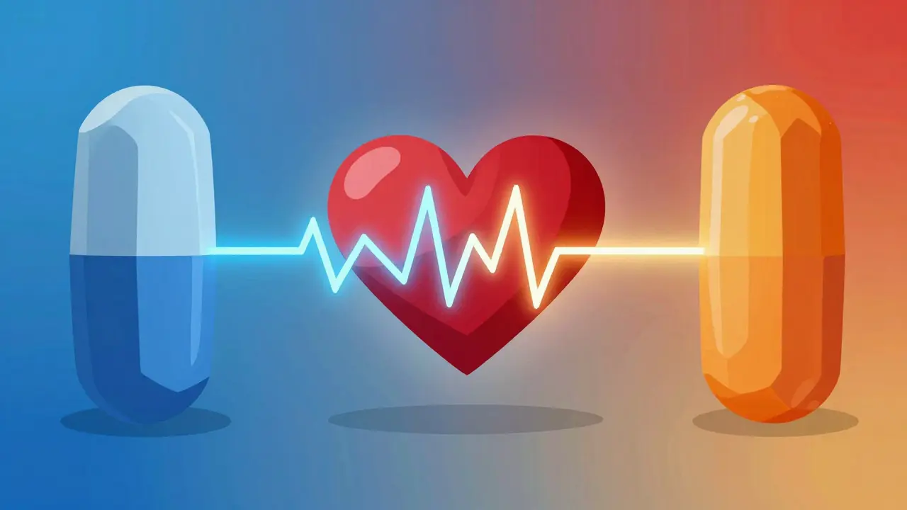Abstract shapes converging on a heart causing irregular rhythm waves.