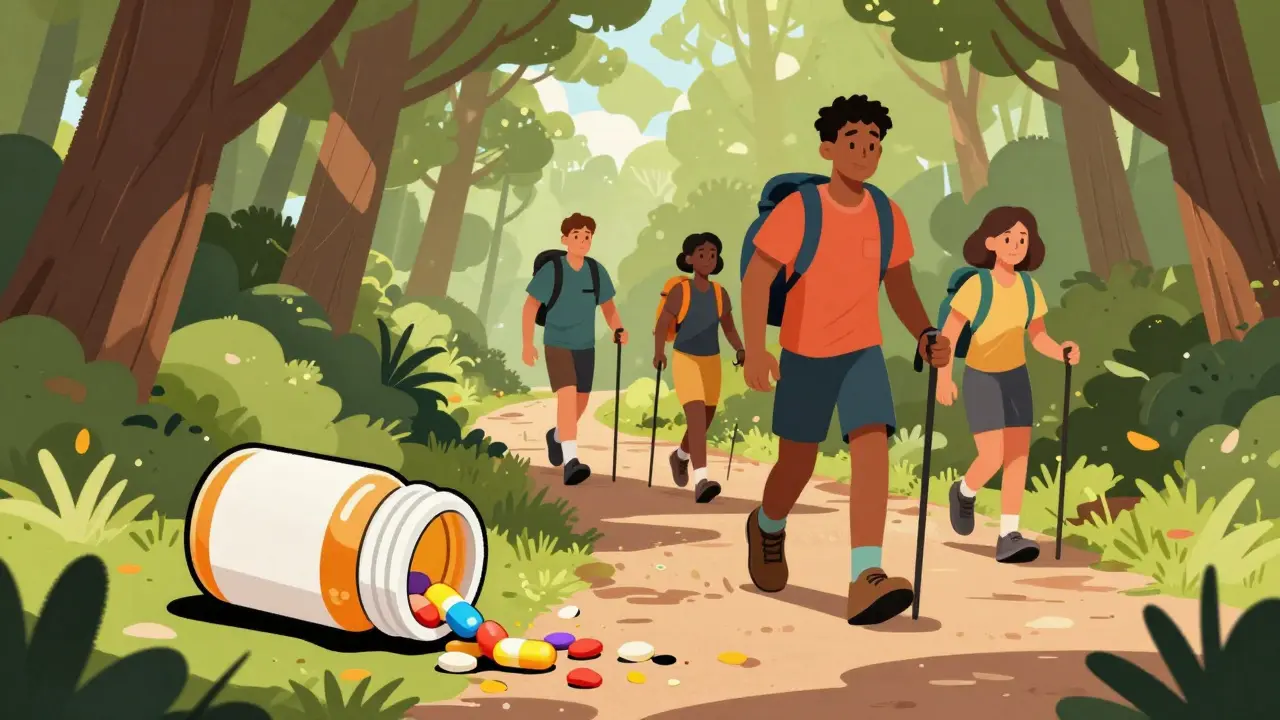 Empowered hiker on trail with medicine bottle turning into flowers symbolizing recovery.