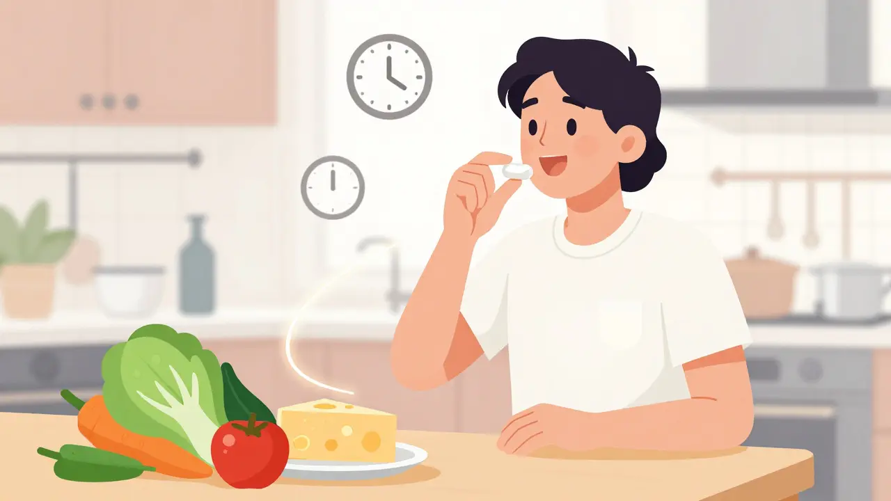 Illustrated character taking enzyme pill before eating beans and dairy food on table.