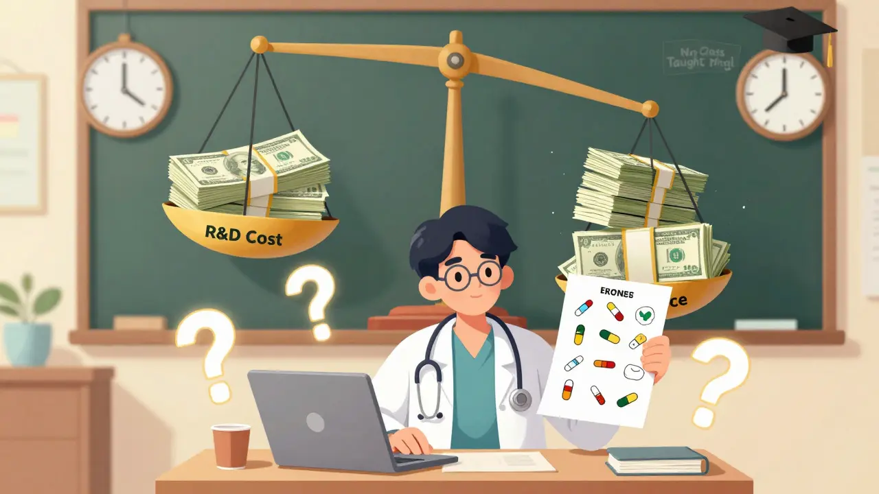 Medical student taking a quiz on drug costs, with misleading R&amp;D vs. price scale in background.